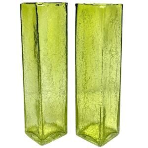 Art Glass MCM Pale Yellow Green Crackle Glass Rectangular 10" Vintage Vases-Pair